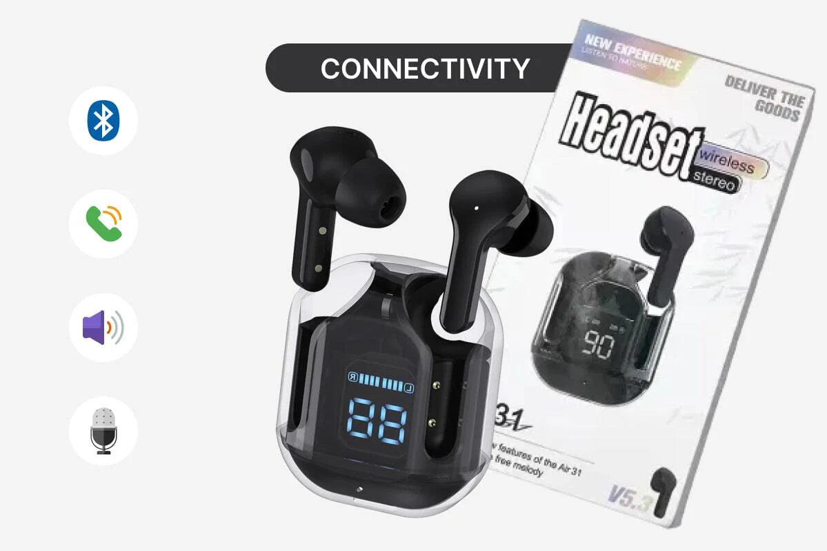 Air 31 TWS Transparent Earbuds Stereo Model. True Wireless Headset Stereo with Bluetooth version V5.3.