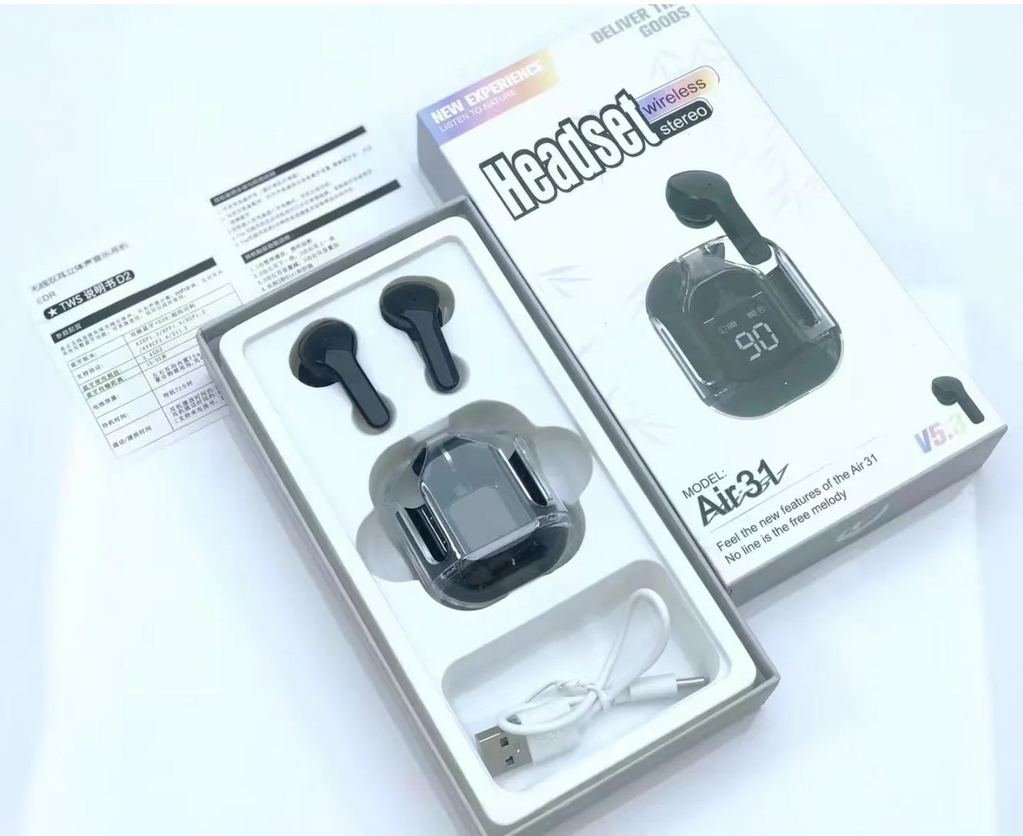 Air 31 TWS Transparent Earbuds Stereo Model. True Wireless Headset Stereo with Bluetooth version V5.3.
