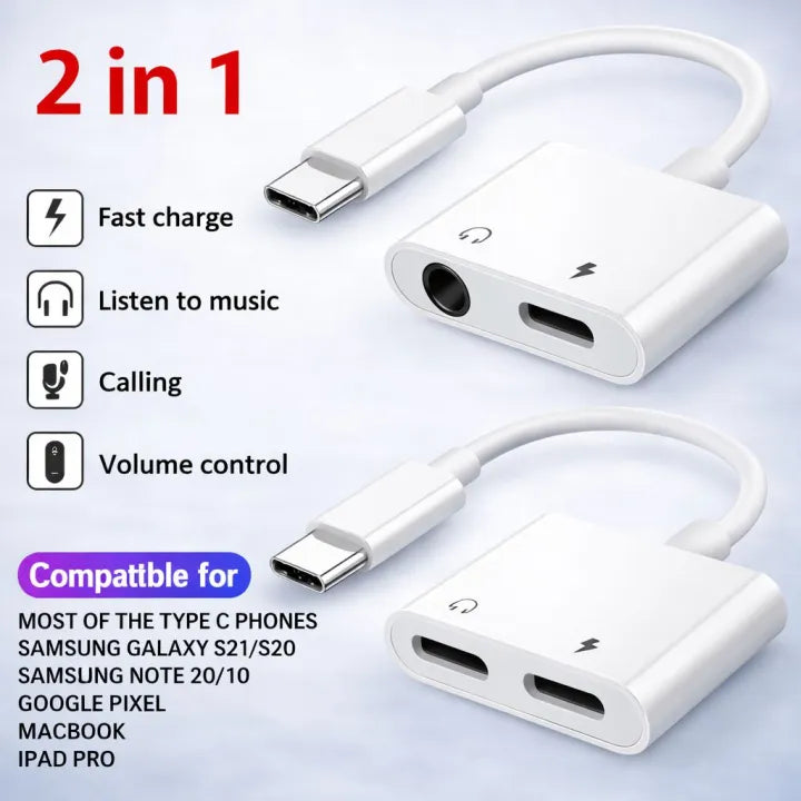 USB Type C to 3.5mm Audio Adapter With Charging Port 2 in 1 Dual
